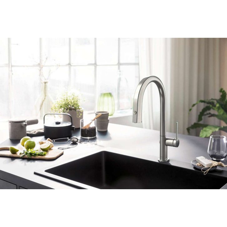 Hansgrohe Aqittura M91 - Dřezová baterie s výsuvnou koncovkou a filtrační hlavicí, sBox, vzhled nerezu 76826800
