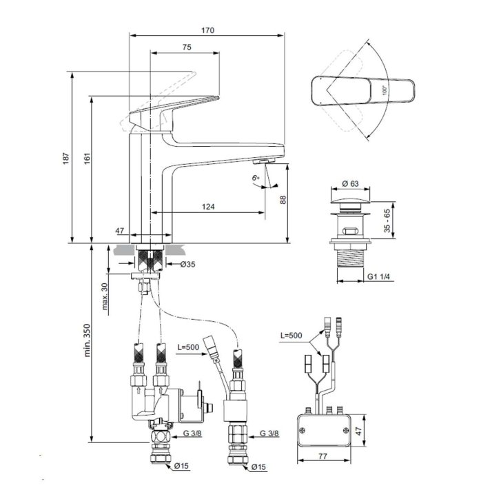 Ideal Standard Ceraplan iX - Hybridní umyvadlová baterie, s výpustí ClickClack, bateriové napájení, hedvábná černá BD283XG