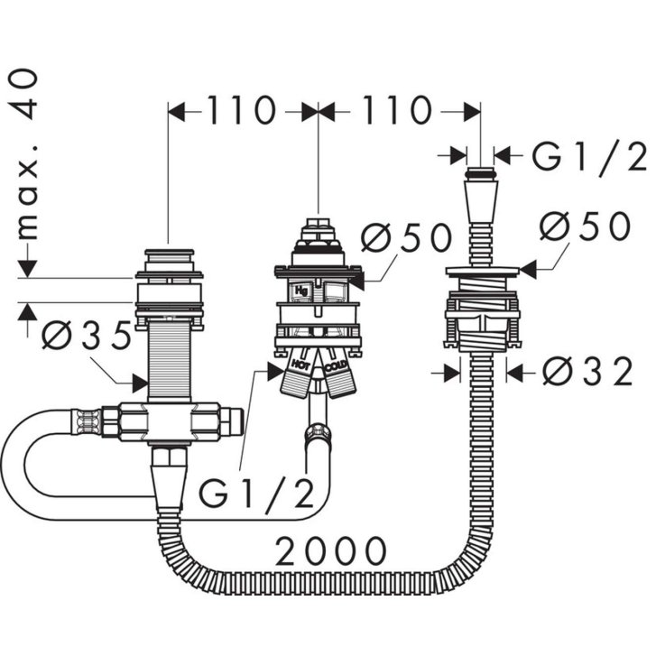 Hansgrohe - Základní těleso pro 3-otvorovou instalaci na okraj vany 13439180