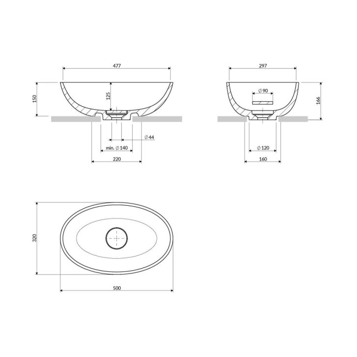 OMNIRES Shell M+ - Umyvadlo na desku 50x32 cm, bez přepadu, bez otvoru pro baterii, matná černá SHELL500UNBLV