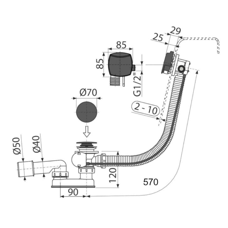 Alca - Vanová odtoková a přepadová souprava s napouštěním, délka 570 mm, matná černá A564BLACK