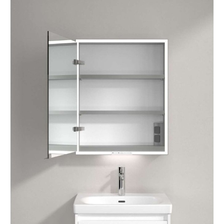 Villeroy & Boch My View+ - Zrcadlová skříňka s LED osvětlením 60x75x17 cm, 1 dvířka, panty vlevo, Brilliant White/šedá A4816LVE