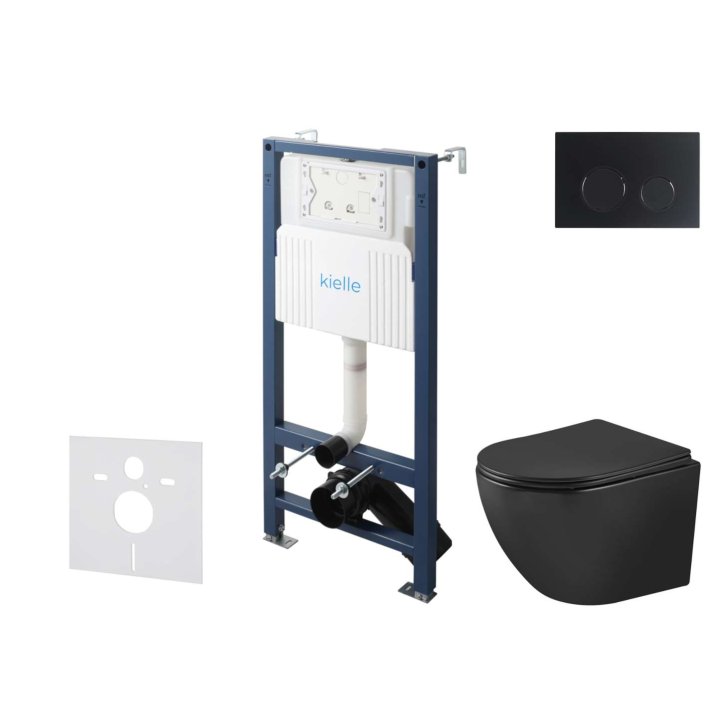 kielle Genesis New - Set předstěnové instalace, klozetu Oudee, Vortex Rimless+, sedátka softclose a tlačítka Gemini New II, matná černá 30528SS92
