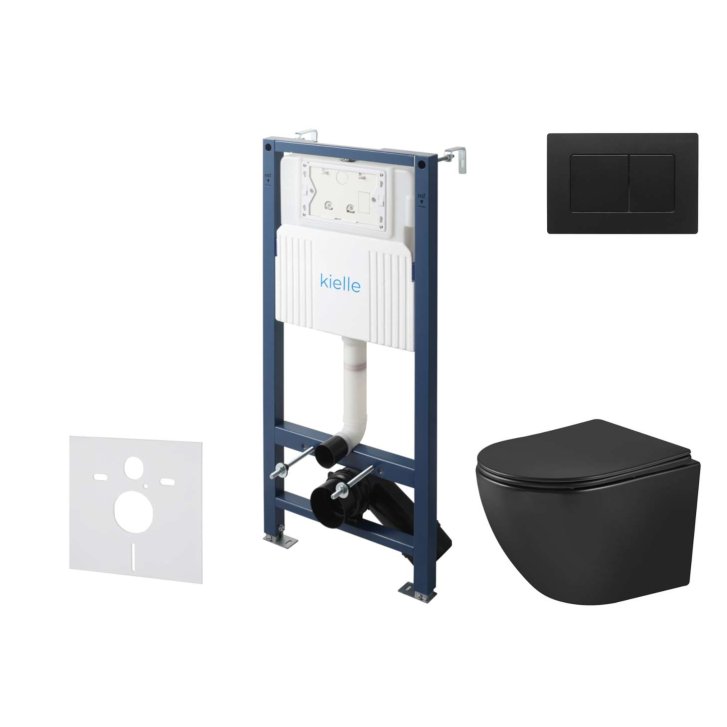 kielle Genesis New - Set předstěnové instalace, klozetu Oudee, Vortex Rimless+, sedátka softclose a tlačítka Gemini New III, matná černá 30528SS93