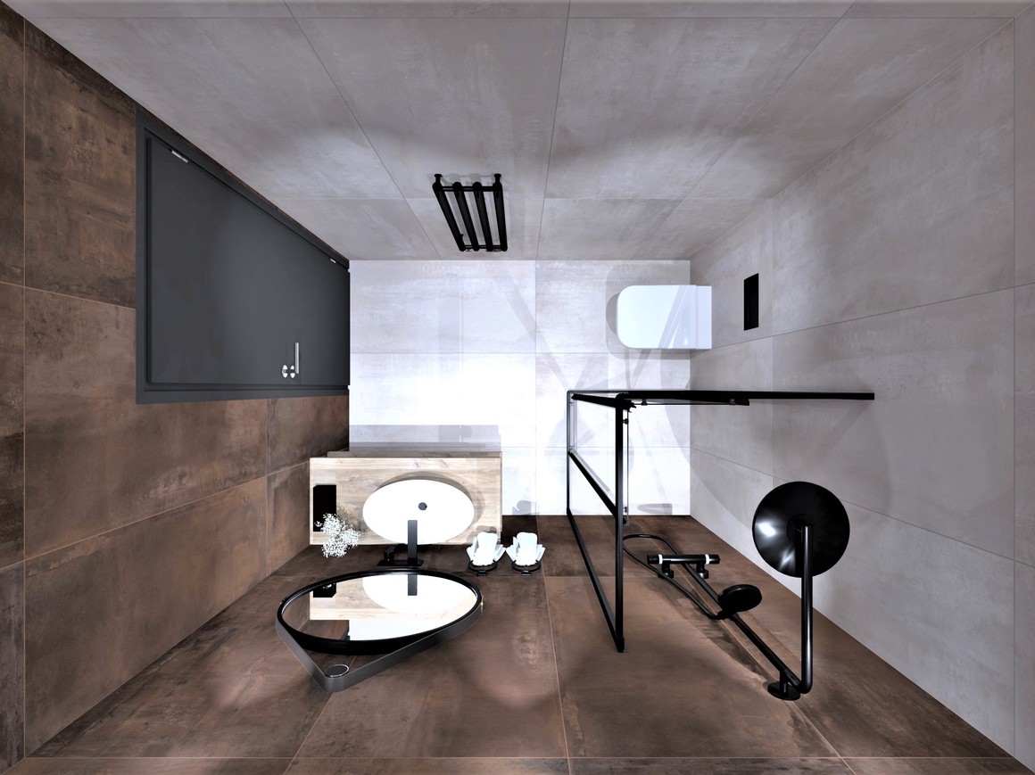 3D návrh malé moderní koupelny - industriální metalické obklady do koupelny Interno 9