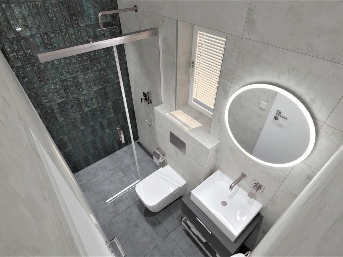 3D návrh malé moderní koupelny - matná velkoformátová dlažba Ghost