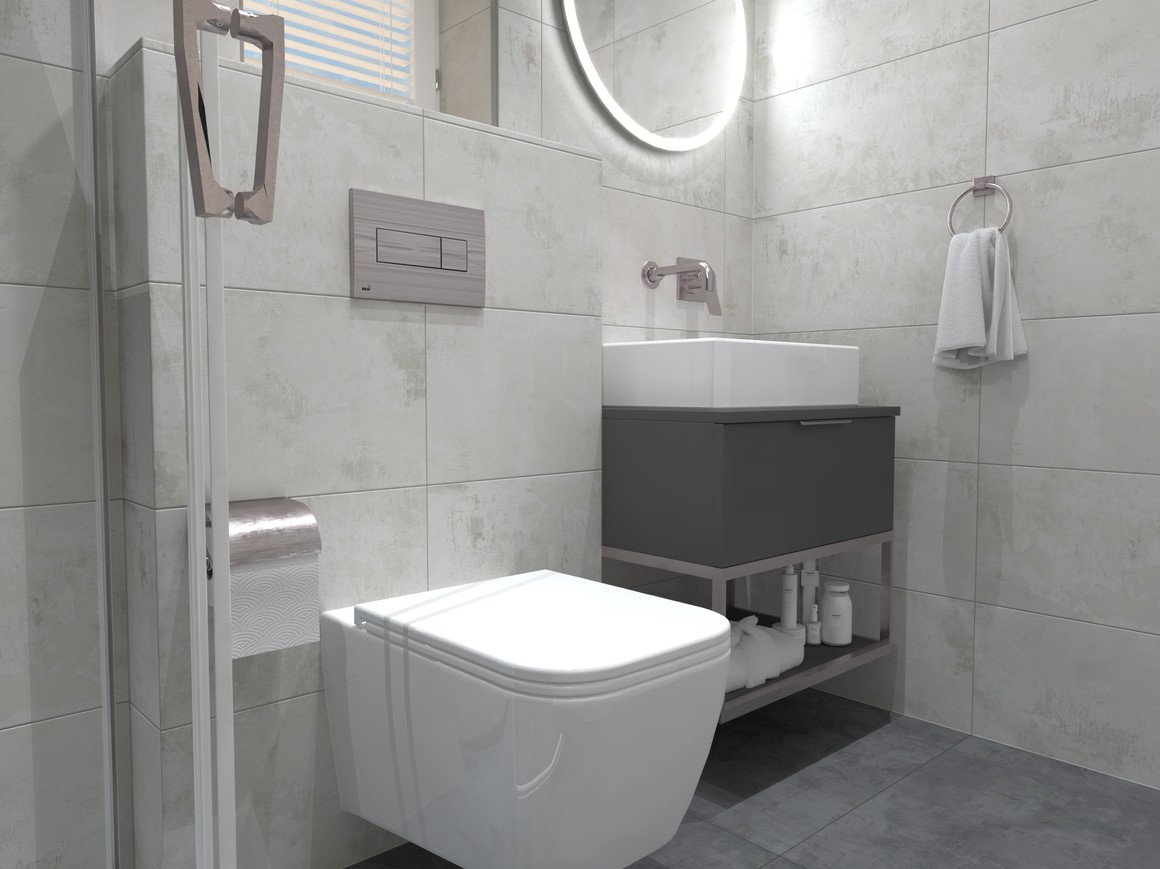 3D návrh malé moderní koupelny - velkoformátová dlažba Ghost v imitaci betonu