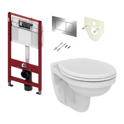 TECE set 1- Instalační modul s nádržkou UNI pro WC + tlačítko chrom + úchyt + zvuková izolace + závěsné WC + WC sedátko